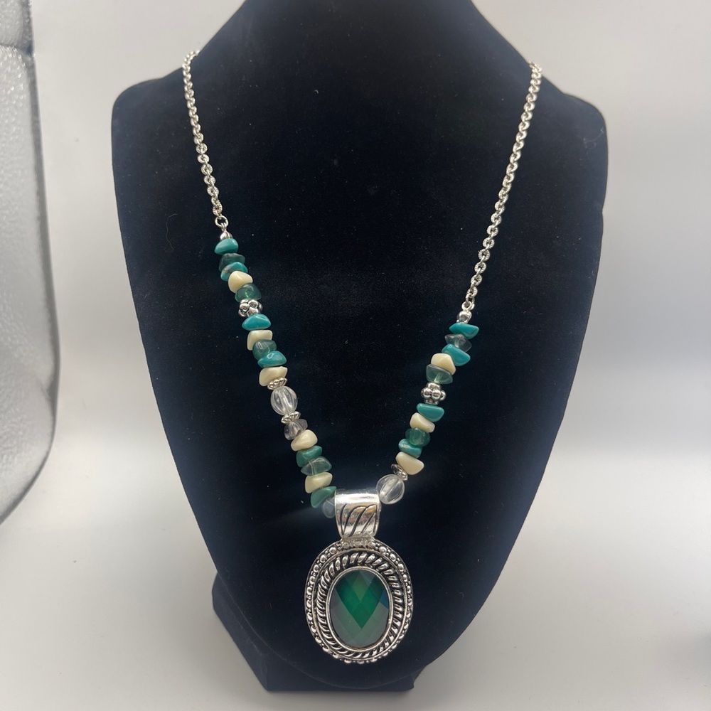 Avon Silver Necklace, turquoise color beads earrings and adjustable ring